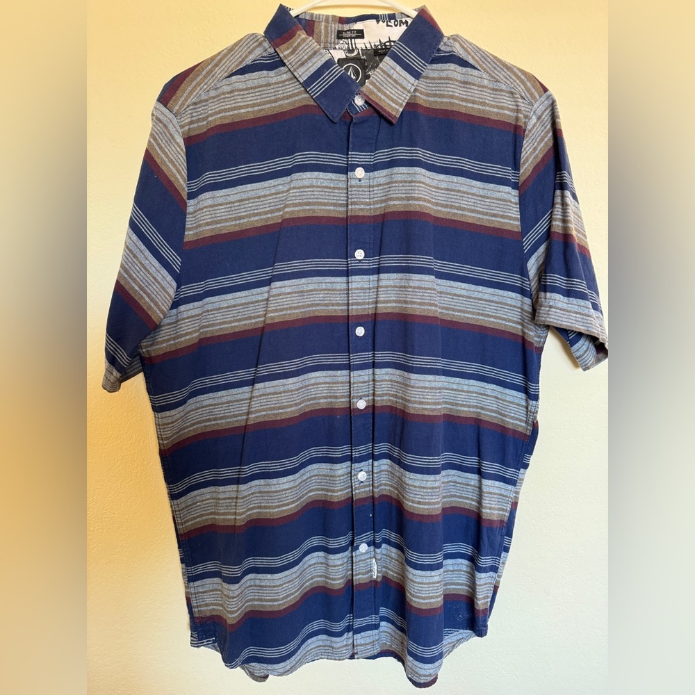 Volcom Blue and Brown Casual Button Down Shirt Sz Large Slim Fit